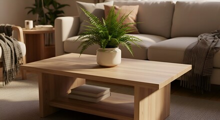Fototapeta premium Cozy living room interior with wooden table and sofa