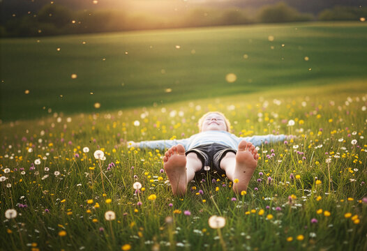 ein kleiner Junge sommerlich gekleidet liegt barfu&szlig; auf einer bunten Sommerwiese im Abendlicht und hat die Arme freudig ausgestreckt und lacht Blick zum Himmel, Kindheit, Freiheit, Naturerlebnis, frei