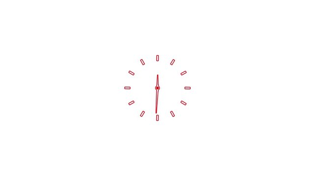 Minimalist analog clock face with red hour and minute hands pointing upwards at twelve o'clock simple isolated on white background