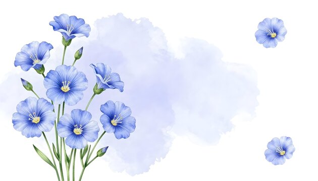 Delicate blue flax flowers painted in watercolor style with soft background