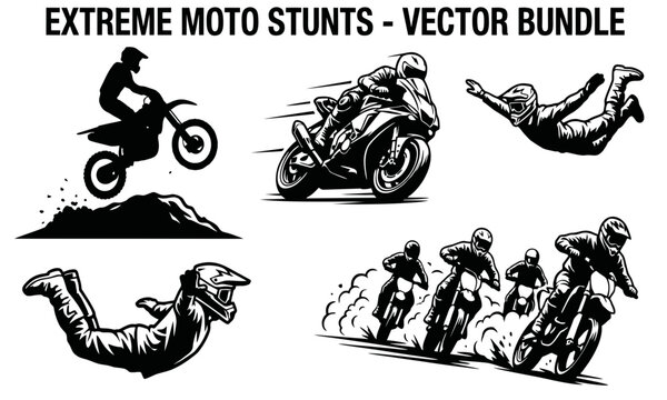 Motorcyclists perform stunts on tracks and hills with safety gear
