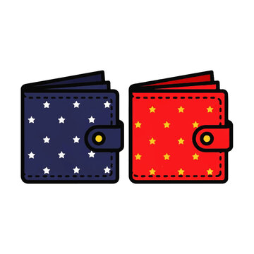 Blue and red wallets with decorative star patterns and snap closures