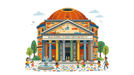 Colorful Illustration of a Grand Public Building with People Walking. © Delyn