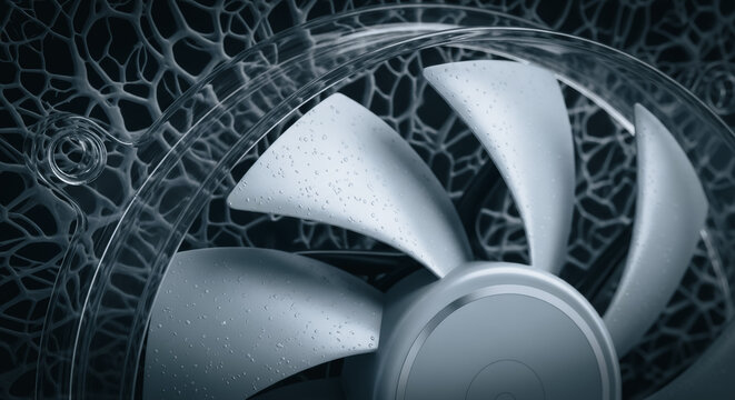 High tech silver computer cooling fan with water droplets in a lab setting representing advanced thermal regulation.