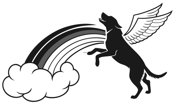 Joyful dog silhouette with feathered wings leaping towards a vibrant rainbow arching over whimsical clouds symbolizing hope and dreams magical fantasy creature