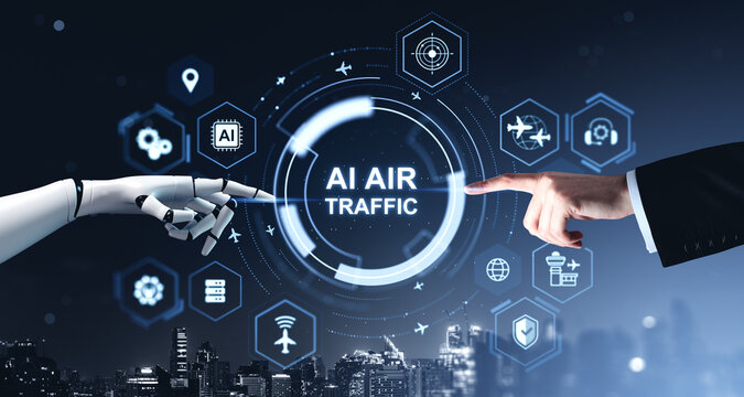 Robotic and human hand connecting over digital aviation interface for AI air traffic control concept in futuristic business background.