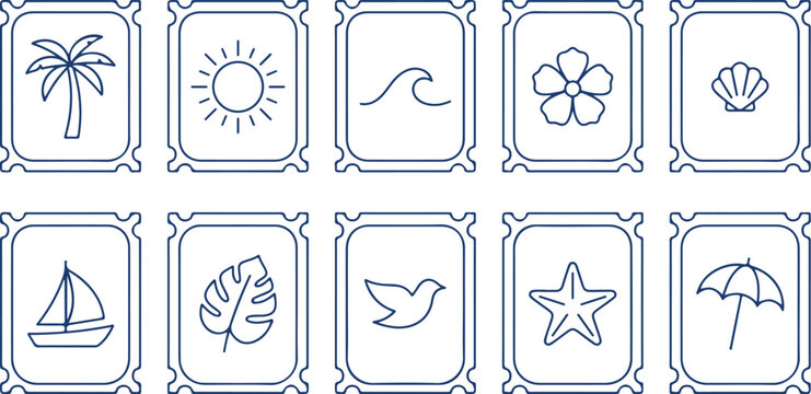 Tropical vacation icons for summer holiday design collection outline palm tree sun wave flower seashell sailboat leaf bird starfish umbrella.