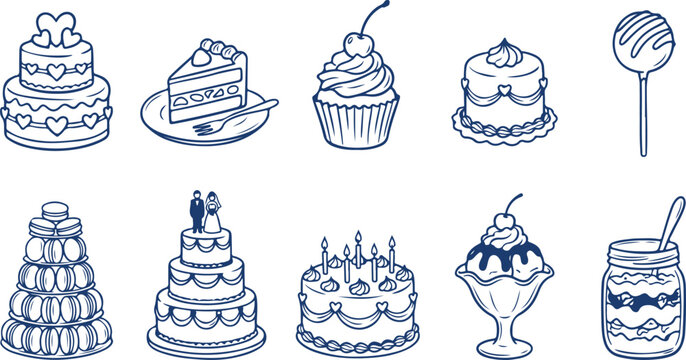 Sweet desserts and cakes collection outline wedding cake slice cupcake muffin layered cake lollipop macaron tower birthday candles sundae.