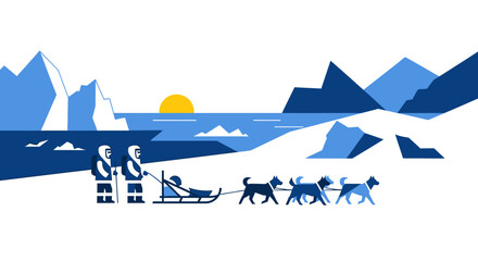 Arctic dog sledding team journeys through icy landscape at sunrise. © Hedasa