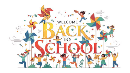 Naklejka premium Back to School Celebration: Children joyfully celebrate their return to school amidst a colorful display of pinwheels, confetti, and festive decorations.