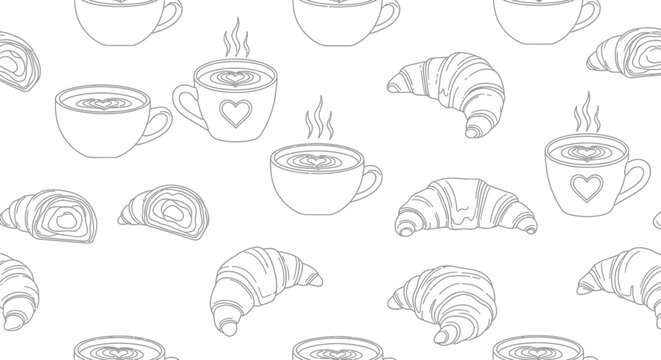 Seamless pattern of hand drawn coffee cups and croissants in minimalist line art style