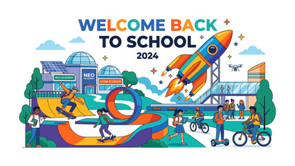 Welcome Back to School 2024: A vibrant illustration depicts a futuristic school campus with students skateboarding, cycling, and riding scooters. © Hussain