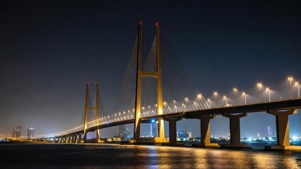 Obraz premium Illuminated cable-stayed bridge at night with reflections on the water and city skyline