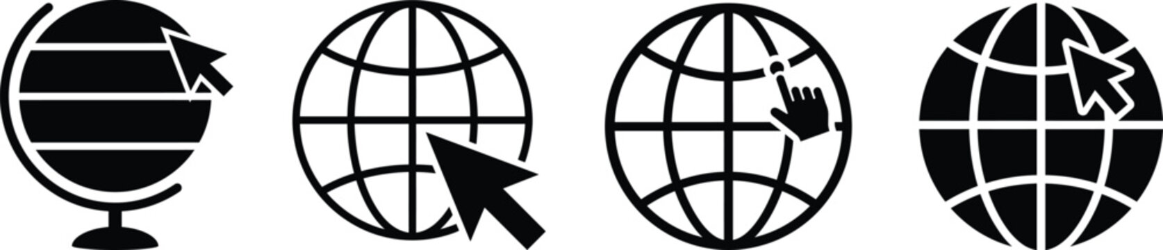 Globe icons with arrows and cursor for global navigation and web design