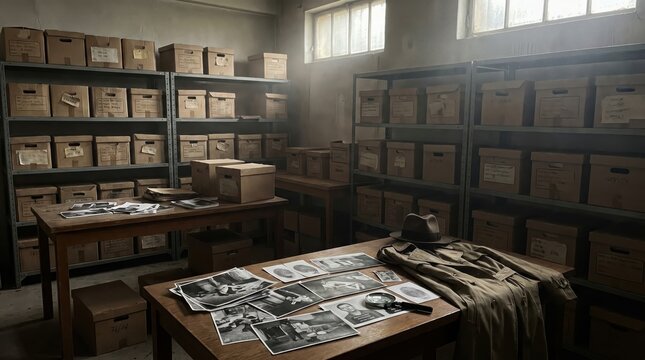 Old unsolved case archive boxes in dim forensic storage room with scattered evidence photos and vintage detective atmosphere in cinematic documentary lighting