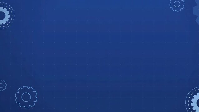 Blue engineering blueprint background animation featuring rotating gear cogs and grid lines. Perfect for corporate presentations, technology innovation, and industrial machinery videos