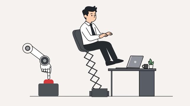 Robot Replacing Office Worker With Automated Machine Arm Flat Design Animation.  Concept of human jobs replacement, Automation, and Artificial intelligence.  Spring-loaded chair 