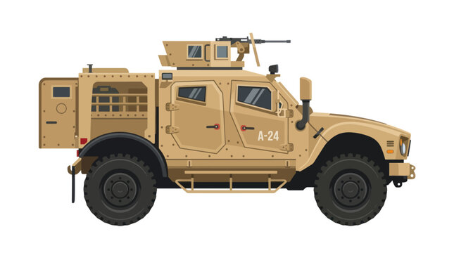 Tan Military Armored Vehicle with Machine Gun Mount - Side View