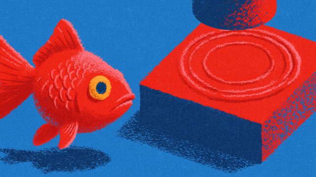 Goldfish facing a bold red stamp on a bright blue surface in a playful corporate fable