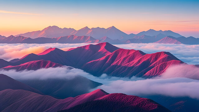 Pink-lit mountain peaks above sea of clouds at sunset