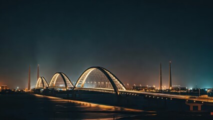 Naklejka premium Illuminated modern arch bridge at night with light trails and city skyline in background