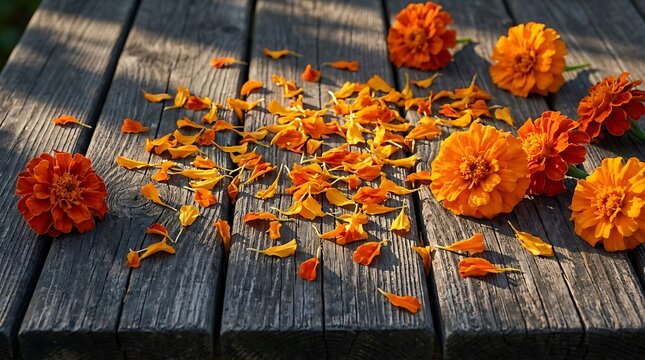 Beautiful orange marigold flowers and scattered petals on rustic wooden background, top view with copy space