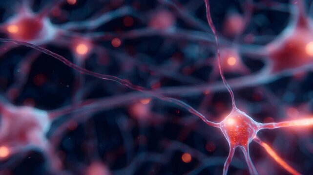 Biological neuron network firing electrical impulses. Microscopic view of nervous system signal transmission. Neural connection activity in human brain science.