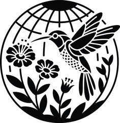 Obraz premium A hummingbird vector eps illustration hovers near colorful flowers within a circular garden scene.