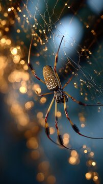 Macro of a large Golden Silk Orb-weaver spider on its intricate web with sparkling dew drops, exotic arachnid in a forest at sunset, professional wildlife photography.