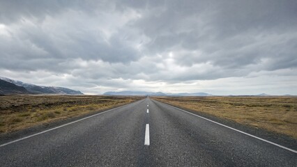 Fototapeta premium Panoramic view of an empty road under cloudy skies, capturing a serene and open landscape.