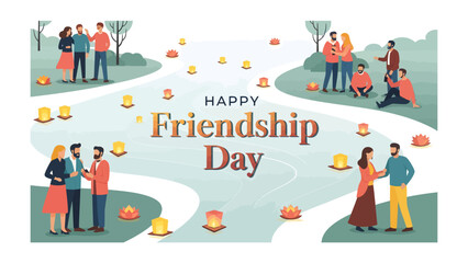 Celebrating Friendship Day: Diverse groups of friends enjoying a festive celebration with lanterns and warm greetings, symbolizing the joy of companionship and togetherness. © Mahbuba