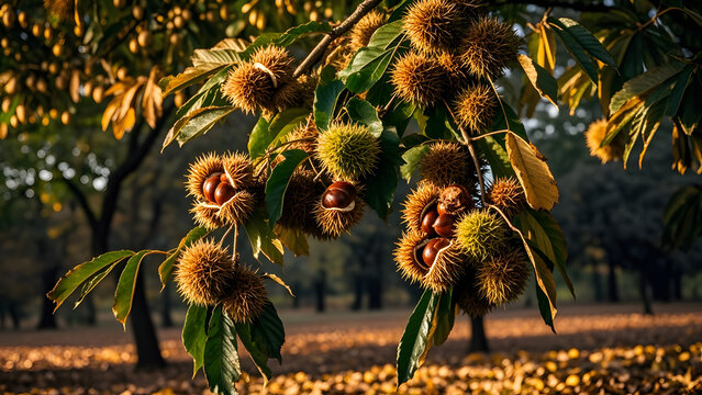 Spiky chestnut burrs with ripe brown nuts on tree branch in autumn sunlight