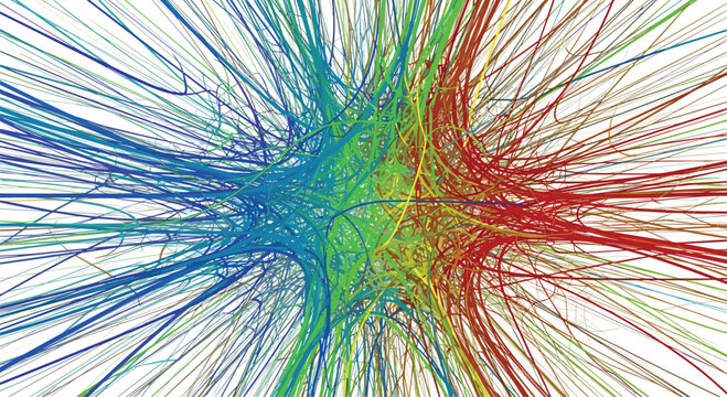 Explosive and intricate abstract background featuring a dense, tangled web of thin lines radiating outwards from a central point, forming a vibrant rainbow color gradient against a pure white surface.