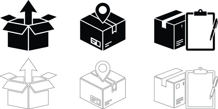 Delivery box icons set black and white line art illustrations