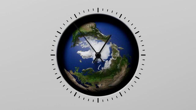 Planet Earth displayed as clock face with analog hands and surrounding time markers on light background, animated globe clock concept with realistic world map and minimal composition
