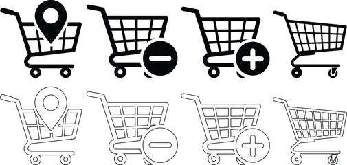 Shopping cart icons with location pin add and remove symbols © fatima