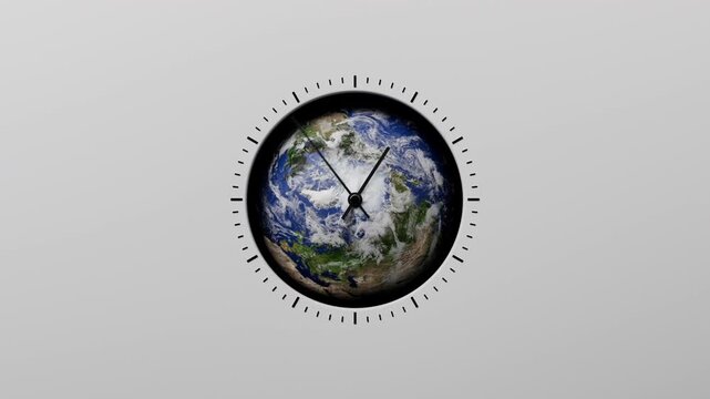 Realistic Earth globe used as analog clock dial with ticking hands and circular time scale on clean background, animated planet inside clock face with minimal modern visual design