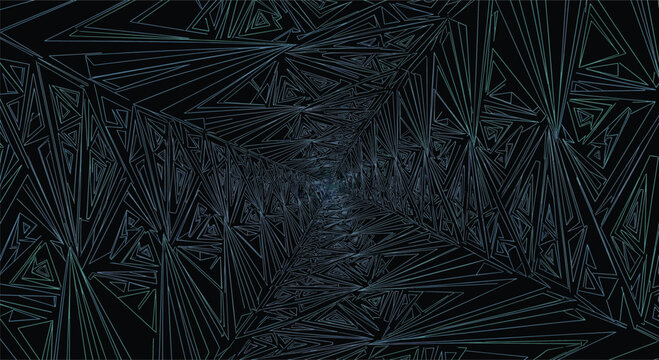 Mesmerizing abstract tunnel created by an infinite progression of interconnected geometric triangles, forming a fractal pattern with glowing blue-green outlines against a deep dark background.