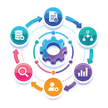 Business process management, workflow optimization, gear icons, infographic elements, 6 steps