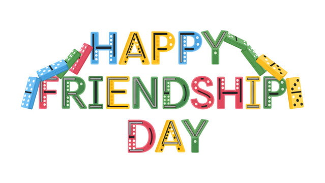 Happy Friendship Day Dominoes: Vibrant, colorful dominoes spell out Happy Friendship Day, with some dominoes toppling over, symbolizing the playful and interconnected nature of friendship.