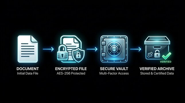 Data security workflow infographic showing document encryption process to secure vault storage and verified archive on a clean black background for tech concepts