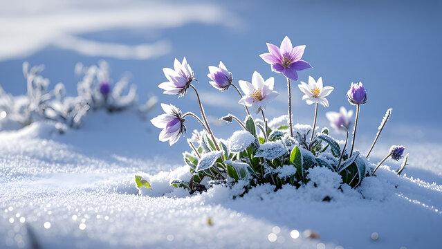 Purple and white snow flowers blooming in frosty winter landscape