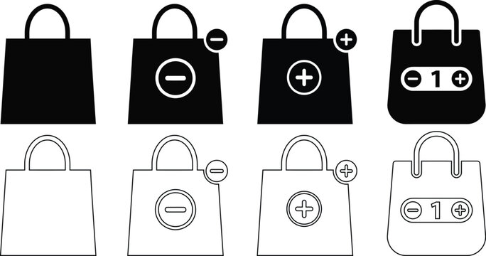 Shopping bag icons with plus and minus symbols for quantity control