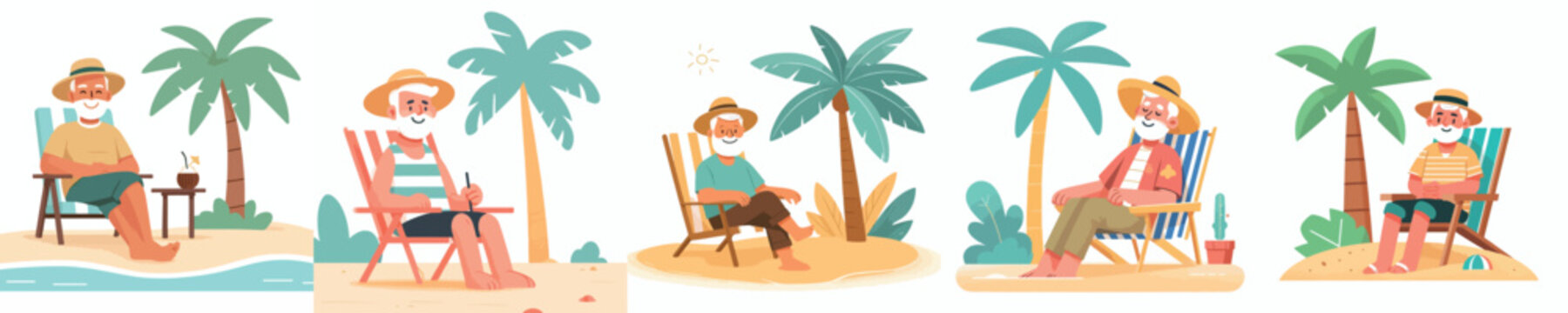 vector of a grandpa sitting on a beach chair in summer