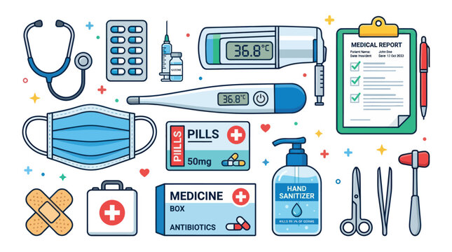 Medical Healthcare Icons Set: Stethoscope, Mask, Pills, Thermometer, First Aid Kit, Sanitizer