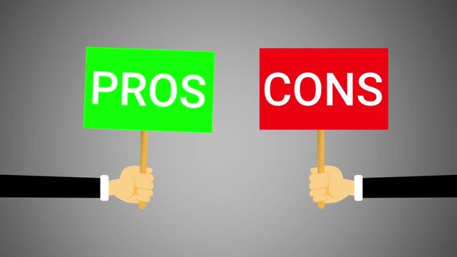 Business hands holding green pros and red cons placards against a grey vignette background.