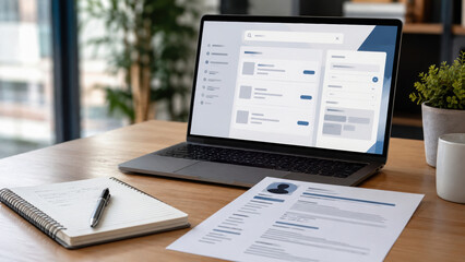 Obraz premium Modern laptop online profile job application digital dashboard office desk document notebook indeed recruitment