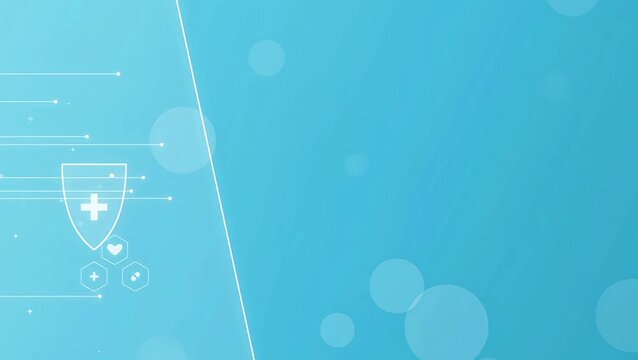 Animated healthcare background featuring a medical shield icon, tech lines, and floating bokeh on a cyan gradient. Perfect for health insurance and medical presentation slides
