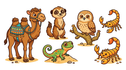 Fototapeta premium Cute Desert Animals Collection: Camel, Meerkat, Owl, Lizard, Scorpions - Cartoon Illustration