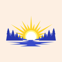 Symmetric Pine Trees Forest and Lake Landscape with Sunburst Reflection Vector © AZKCanvas